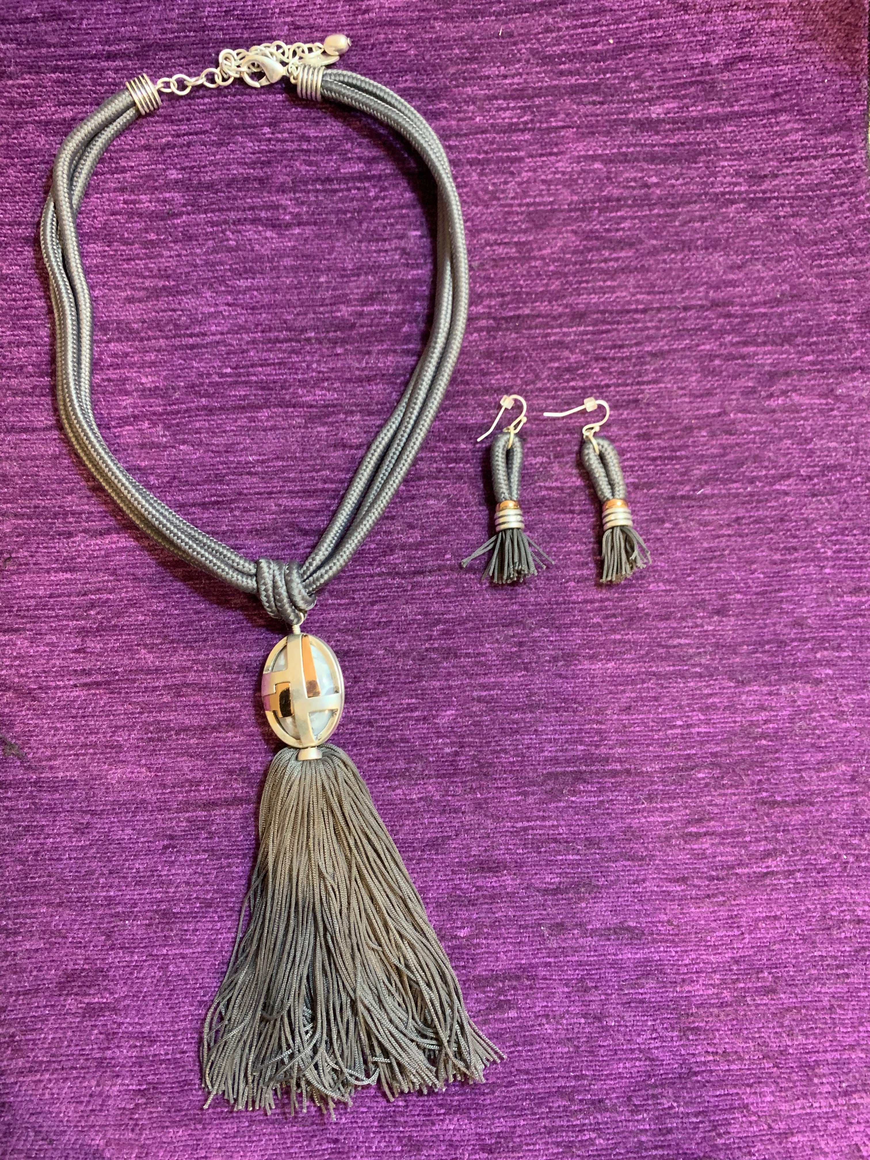 Grey Multi-Strand Cord & Tassel Necklace with Mother-of-Pearl Pendant & Matching Earrings