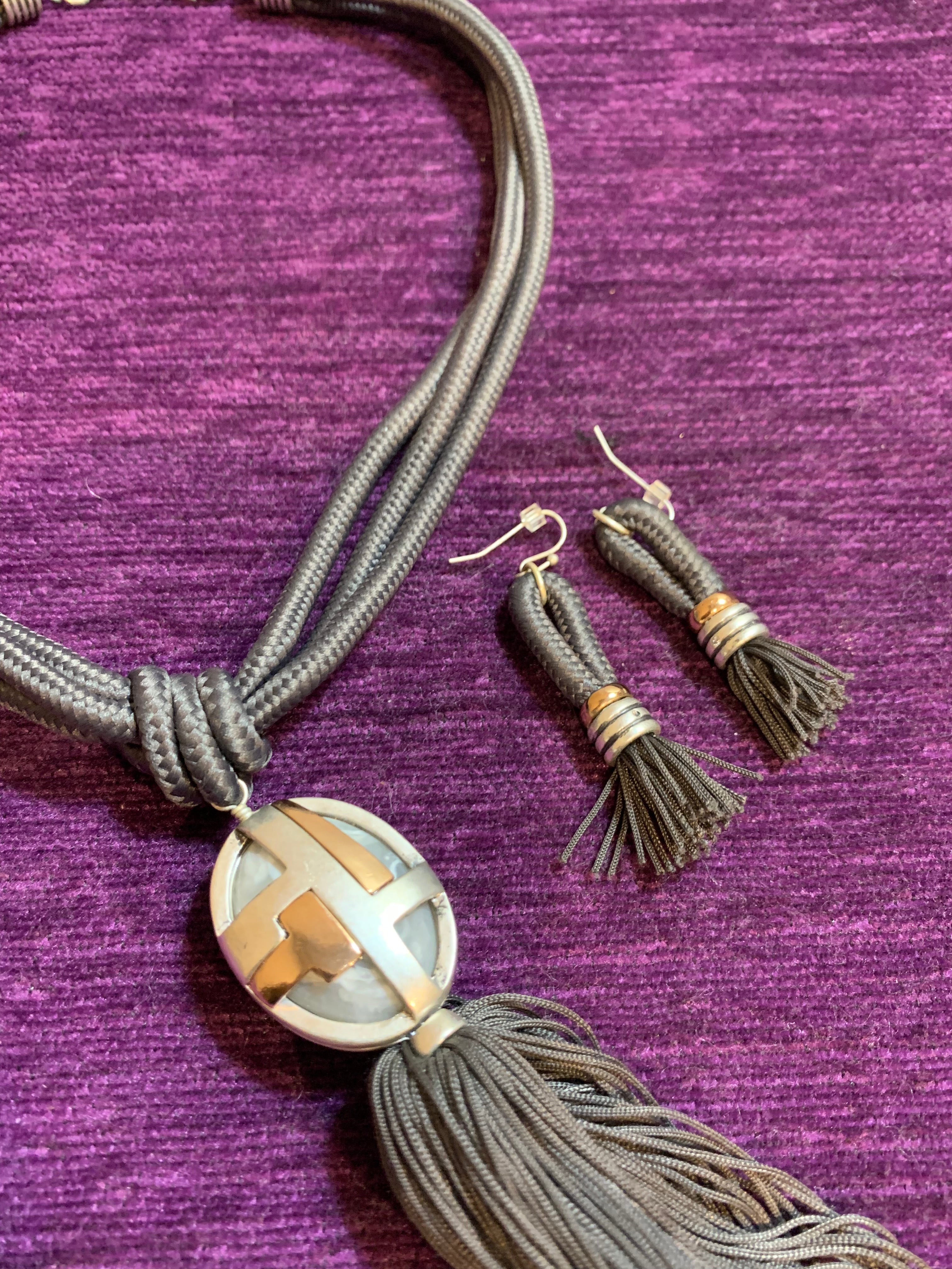 Grey Multi-Strand Cord & Tassel Necklace with Mother-of-Pearl Pendant & Matching Earrings