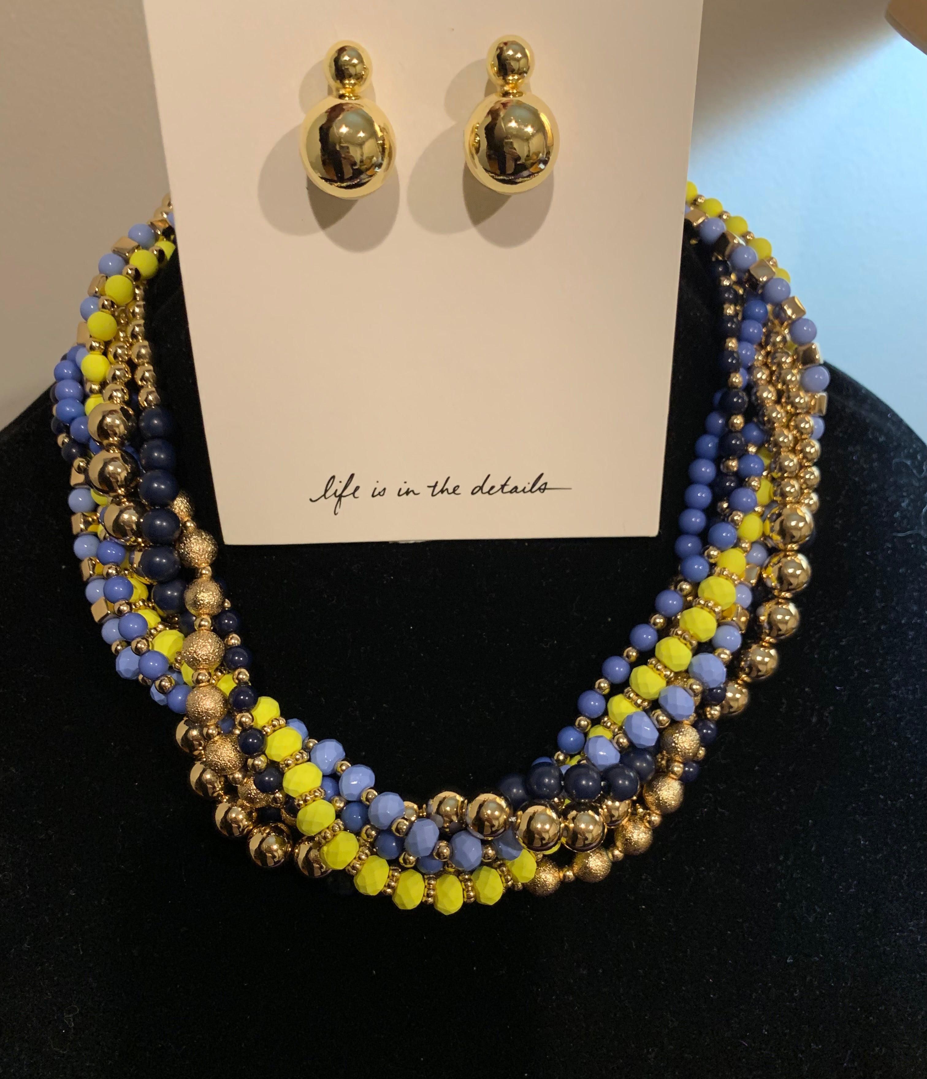 Multi-Strand Blue Yellow & Gold Bead Twisted Necklace with Gold Double-Ball Earrings