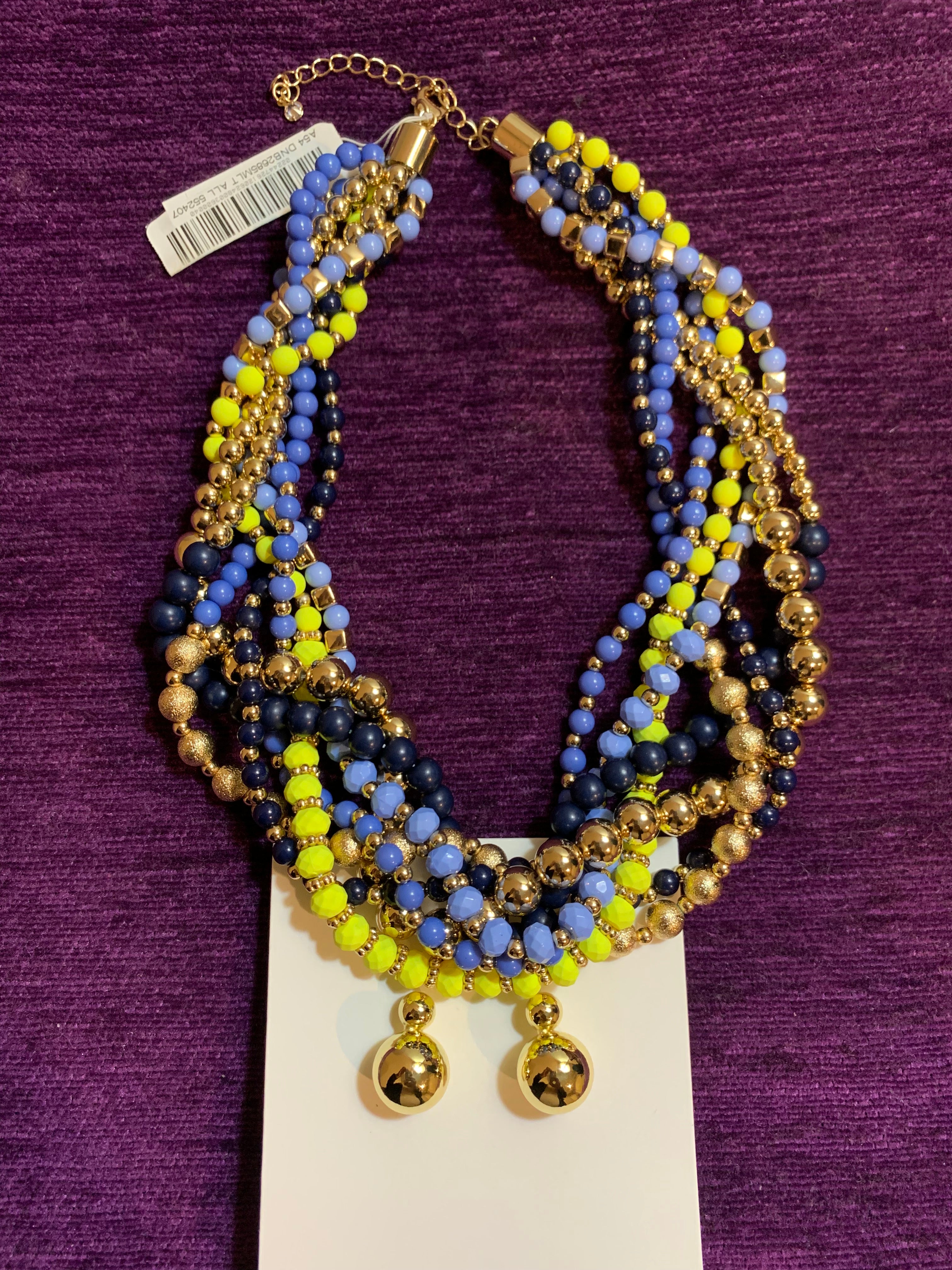 Multi-Strand Blue Yellow & Gold Bead Twisted Necklace with Gold Double-Ball Earrings