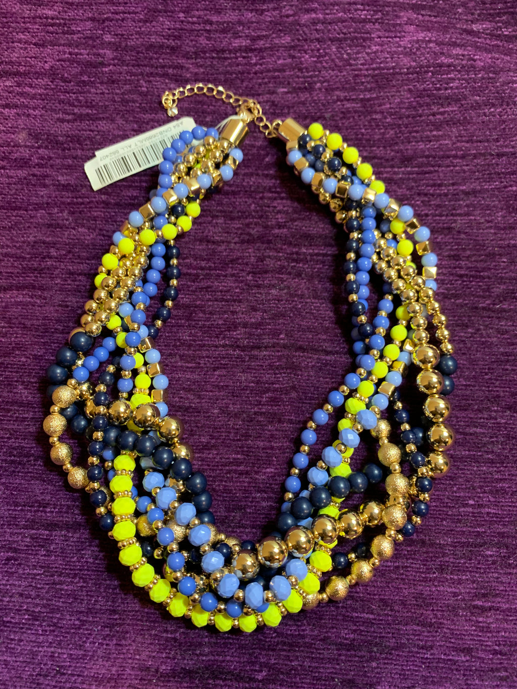 Multi-Strand Blue Yellow & Gold Bead Twisted Necklace with Gold Double-Ball Earrings