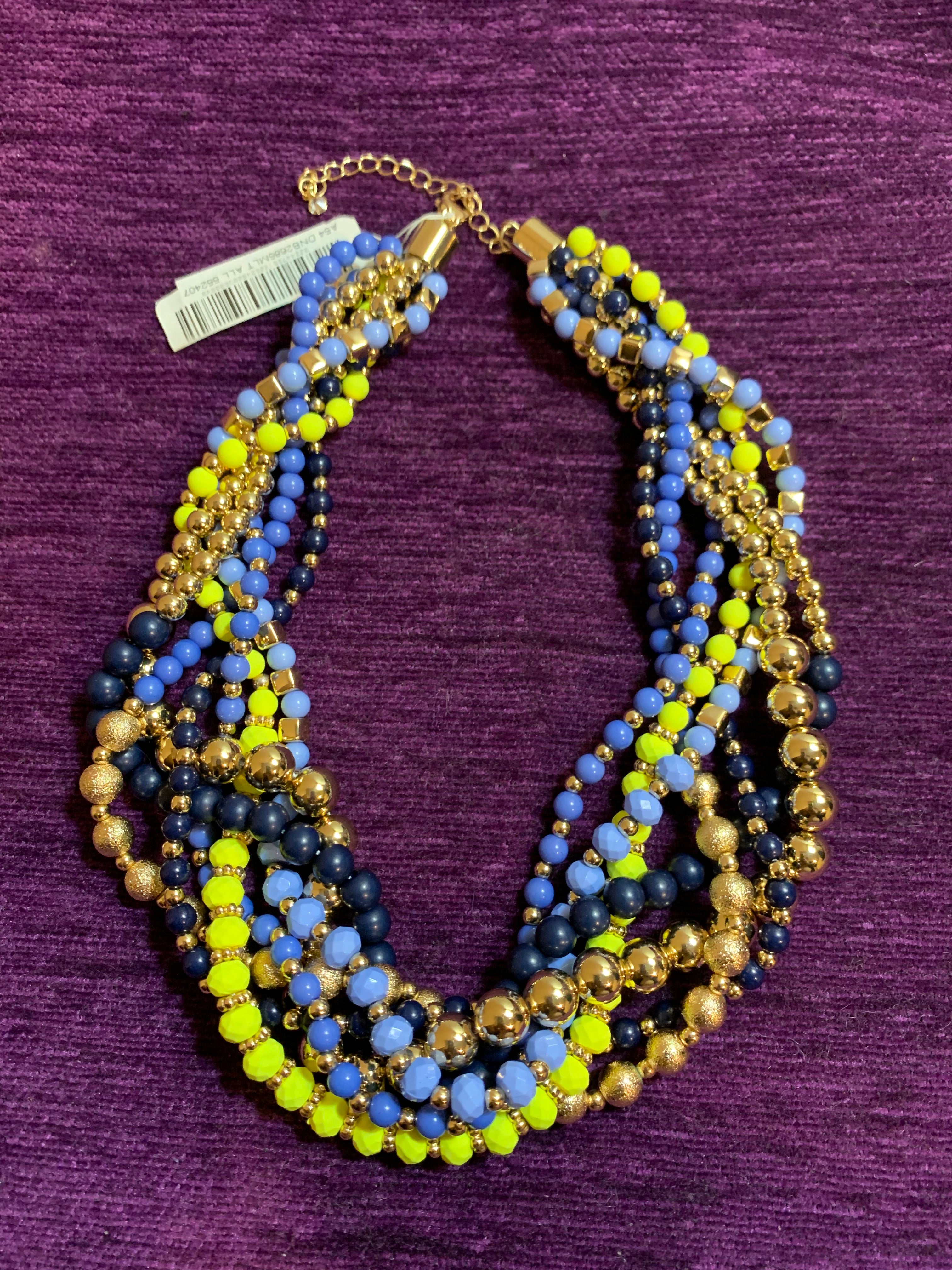 Multi-Strand Blue Yellow & Gold Bead Twisted Necklace with Gold Double-Ball Earrings