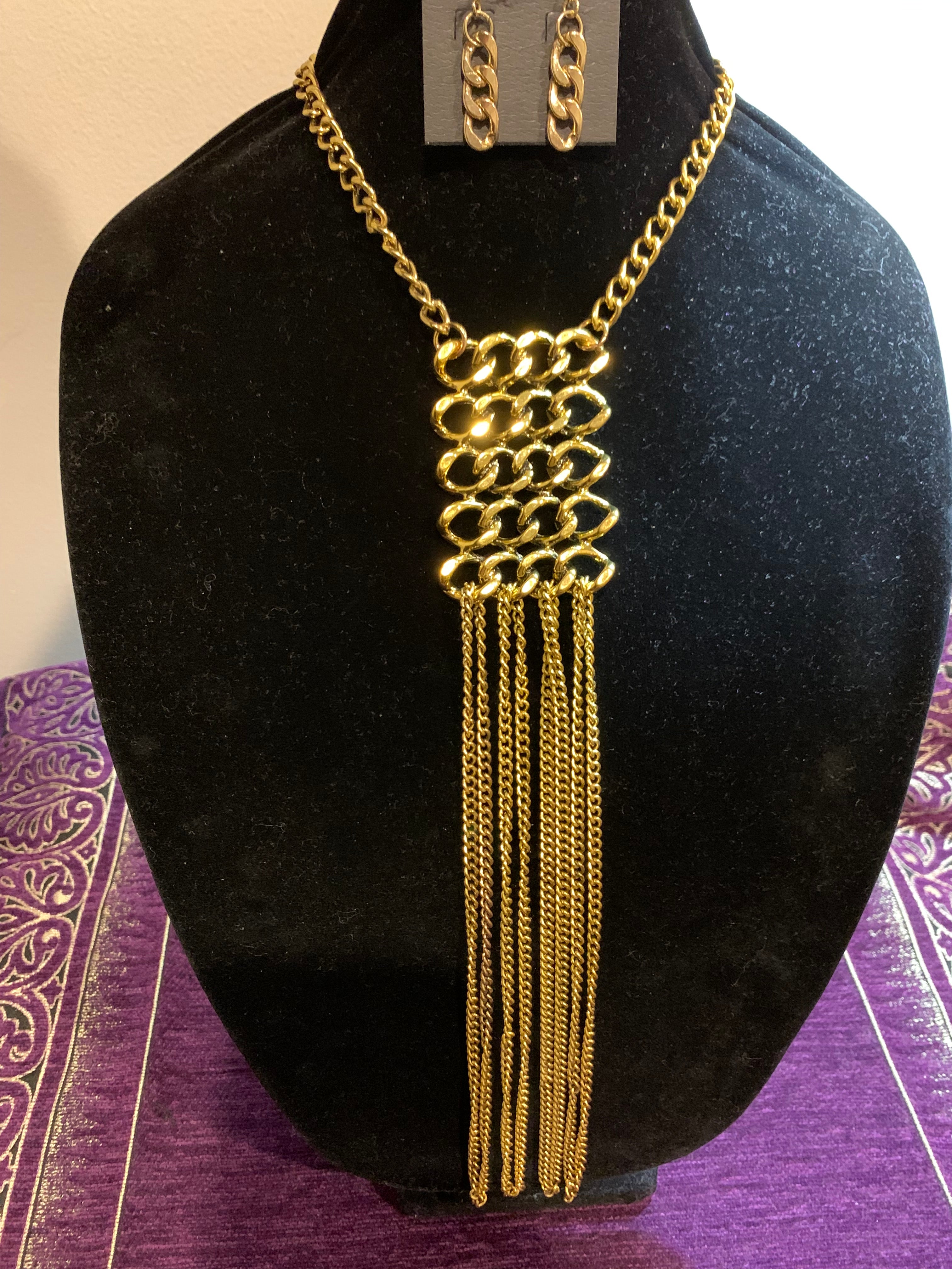 Gold Curb Chain & Multi-Strand Tassel Pendant Necklace with Matching Earrings