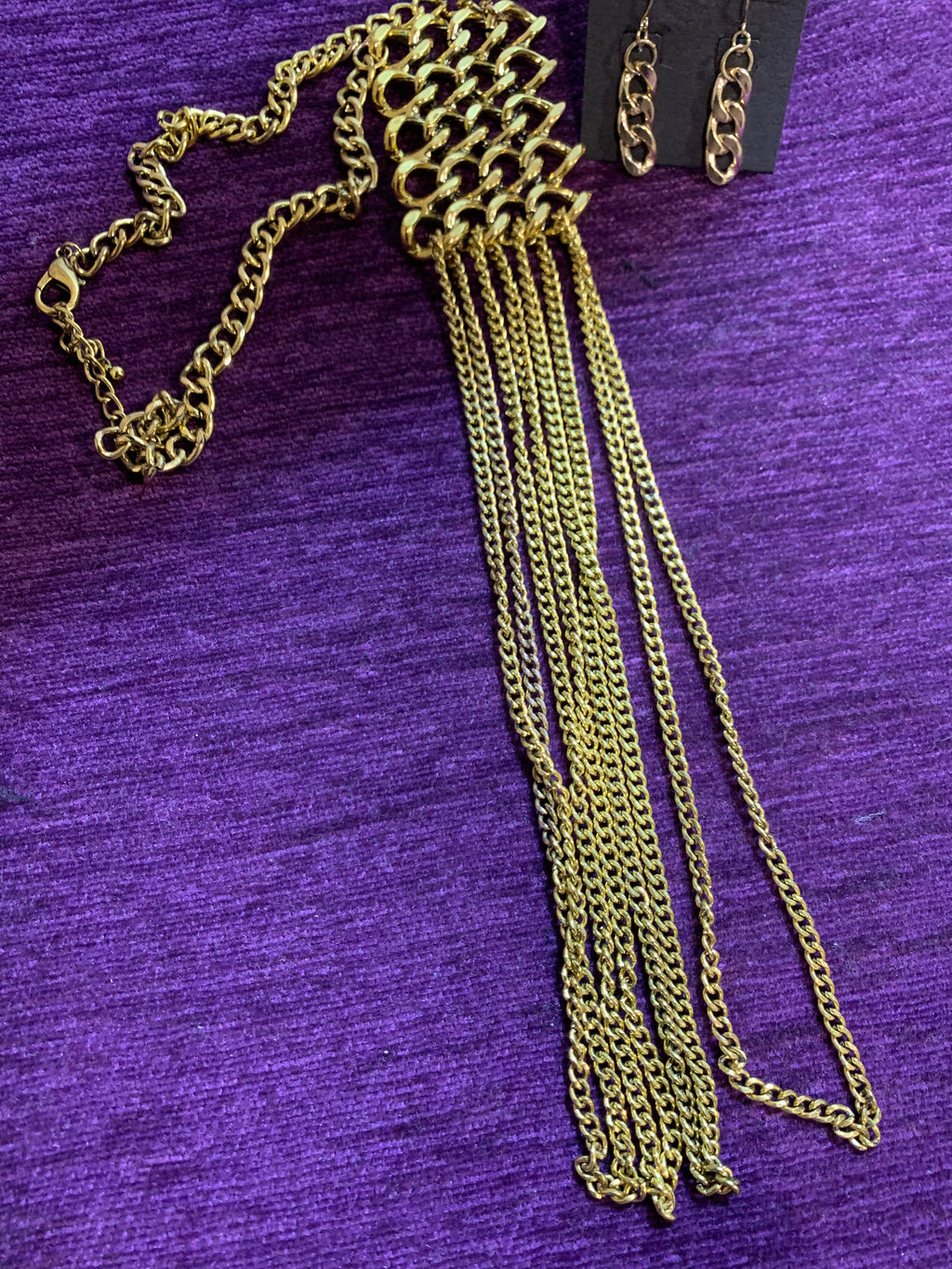 Gold Curb Chain & Multi-Strand Tassel Pendant Necklace with Matching Earrings