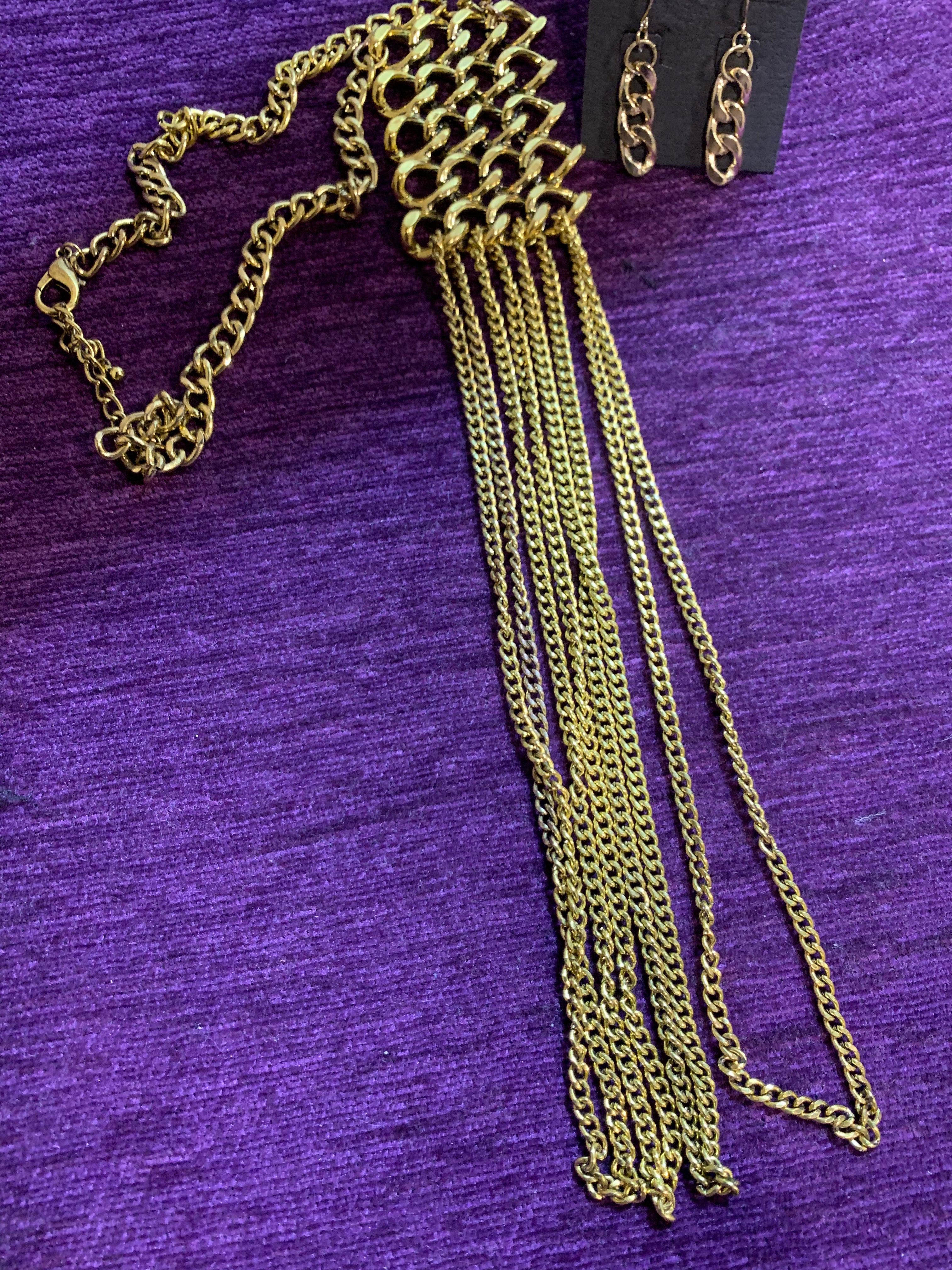 Gold Curb Chain & Multi-Strand Tassel Pendant Necklace with Matching Earrings
