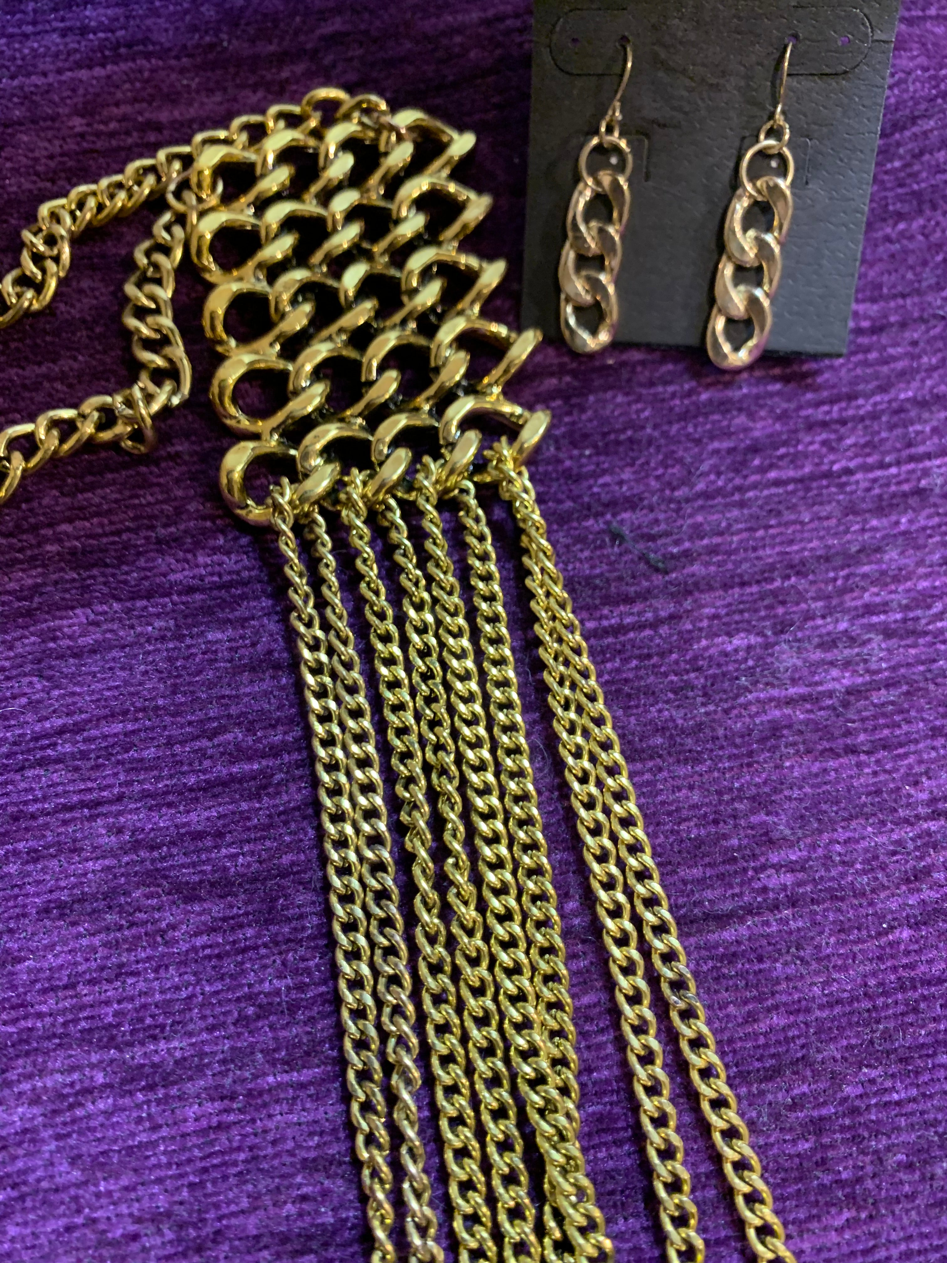 Gold Curb Chain & Multi-Strand Tassel Pendant Necklace with Matching Earrings