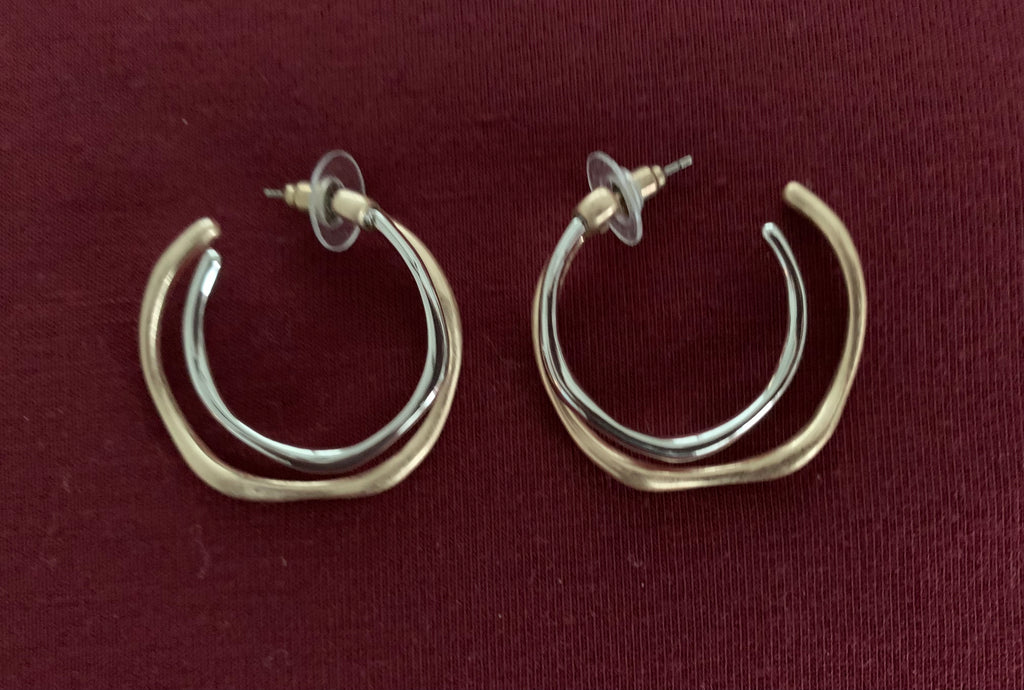 Silver and Gold Tone Double-Band Open Hoop Earrings