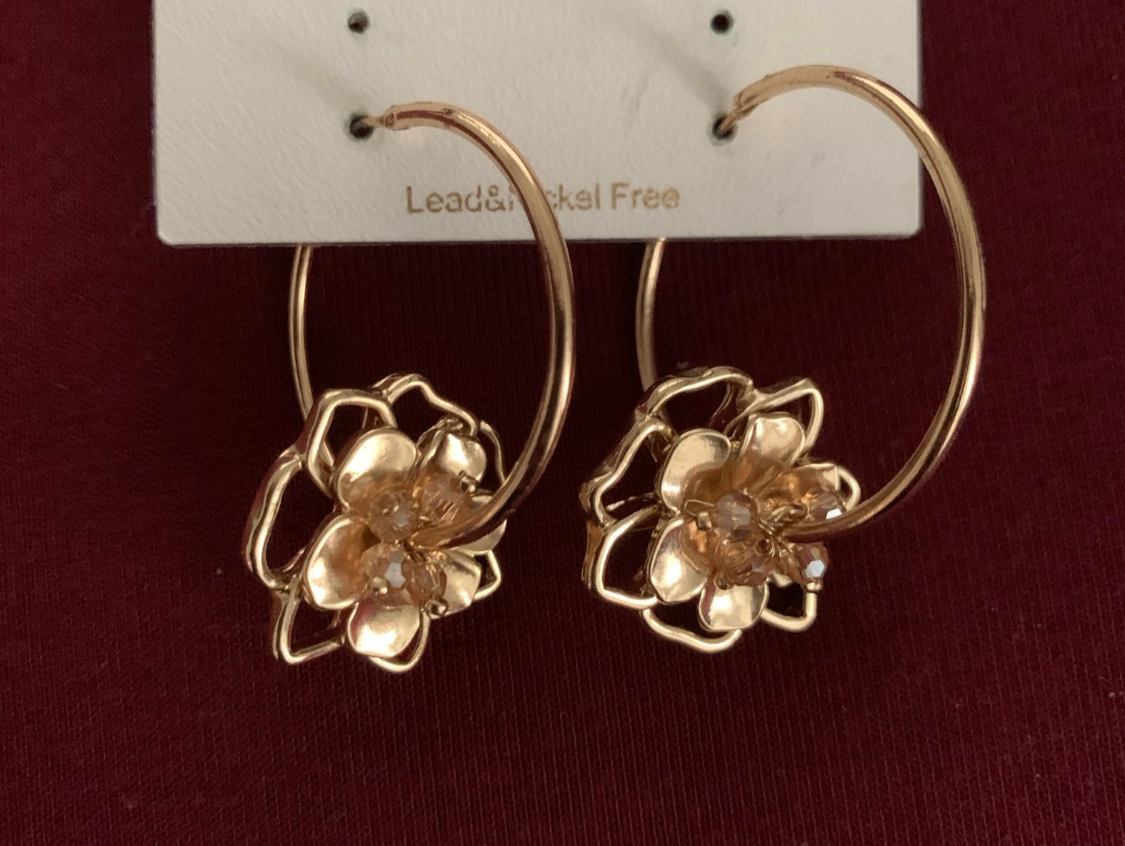 Gold Flower Hoop Earrings with Crystal Accents