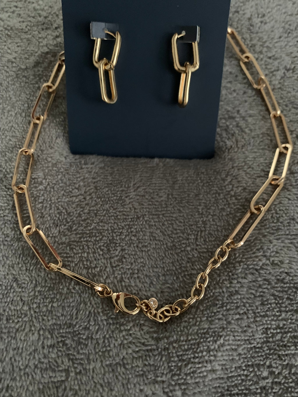 Gold Paperclip Chain Choker Necklace with Matching Double-Link Drop Earrings