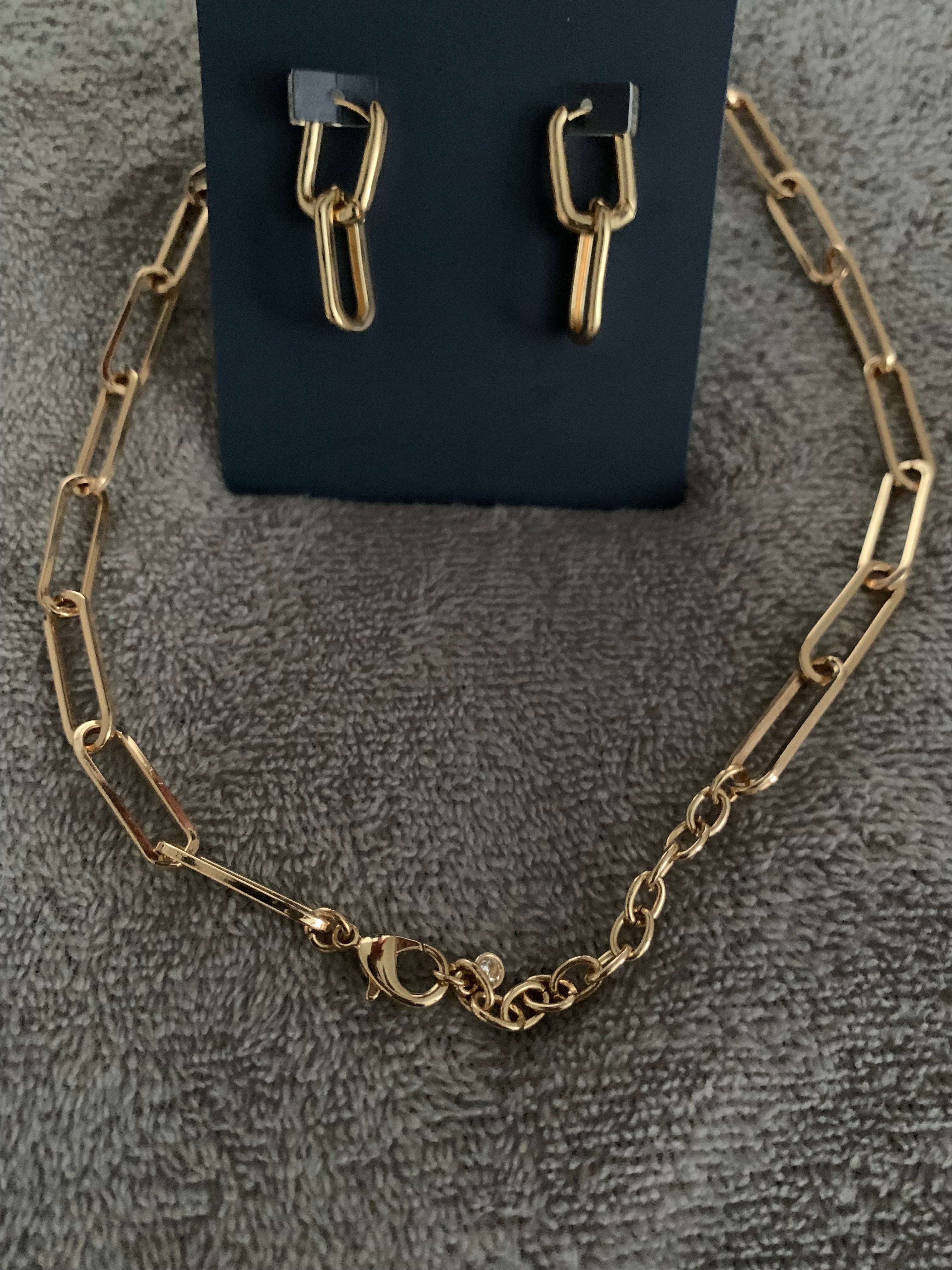 Gold Paperclip Chain Choker Necklace with Matching Double-Link Drop Earrings