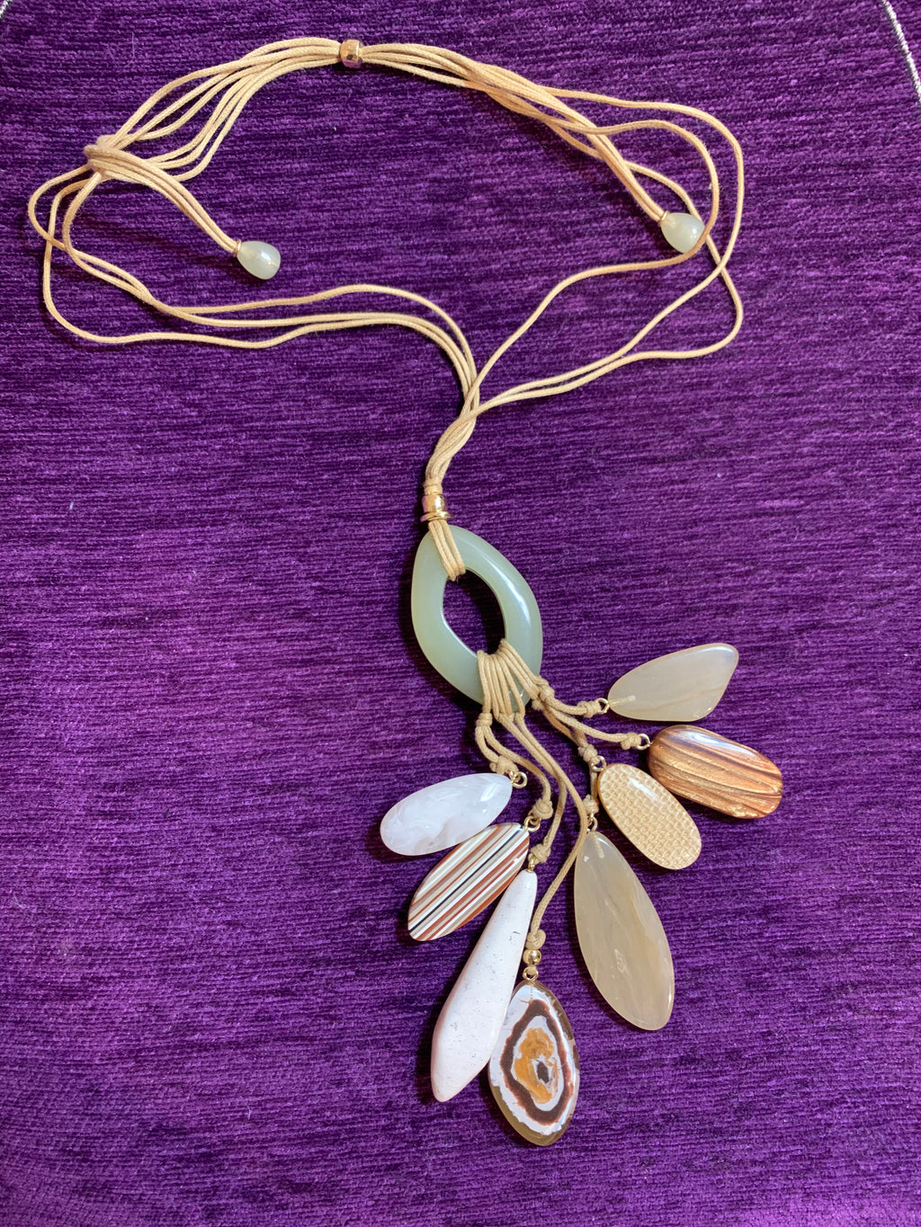 Tan Cord Adjustable Pendant Necklace with Stone Drop Fringe